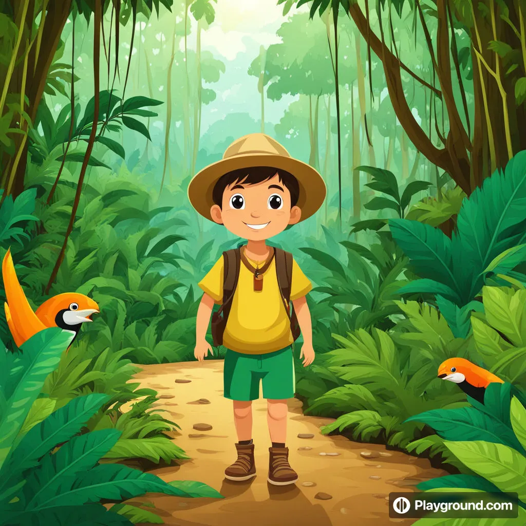 a boy standing in the middle of the jungle