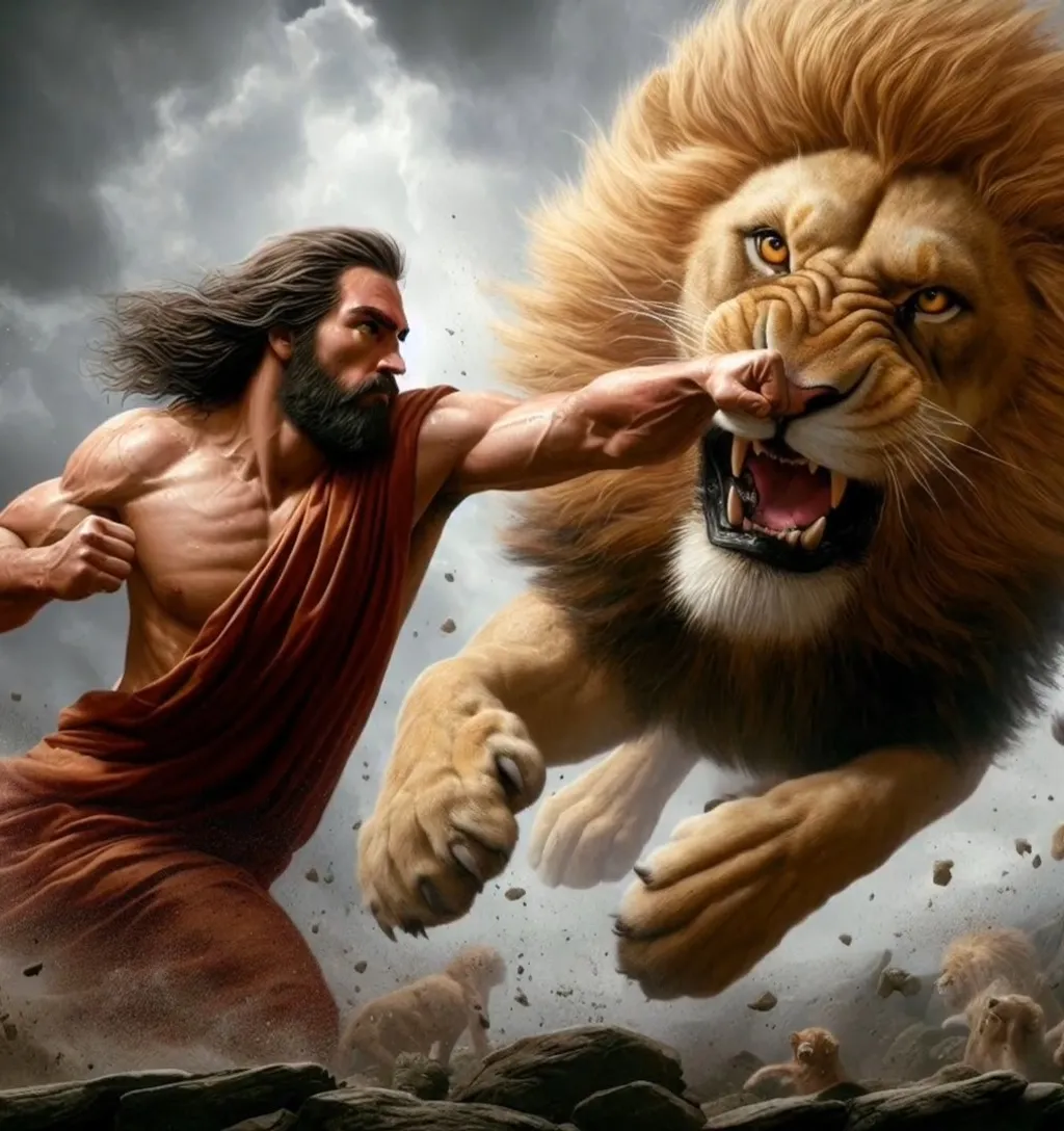 a god fighting versus lion