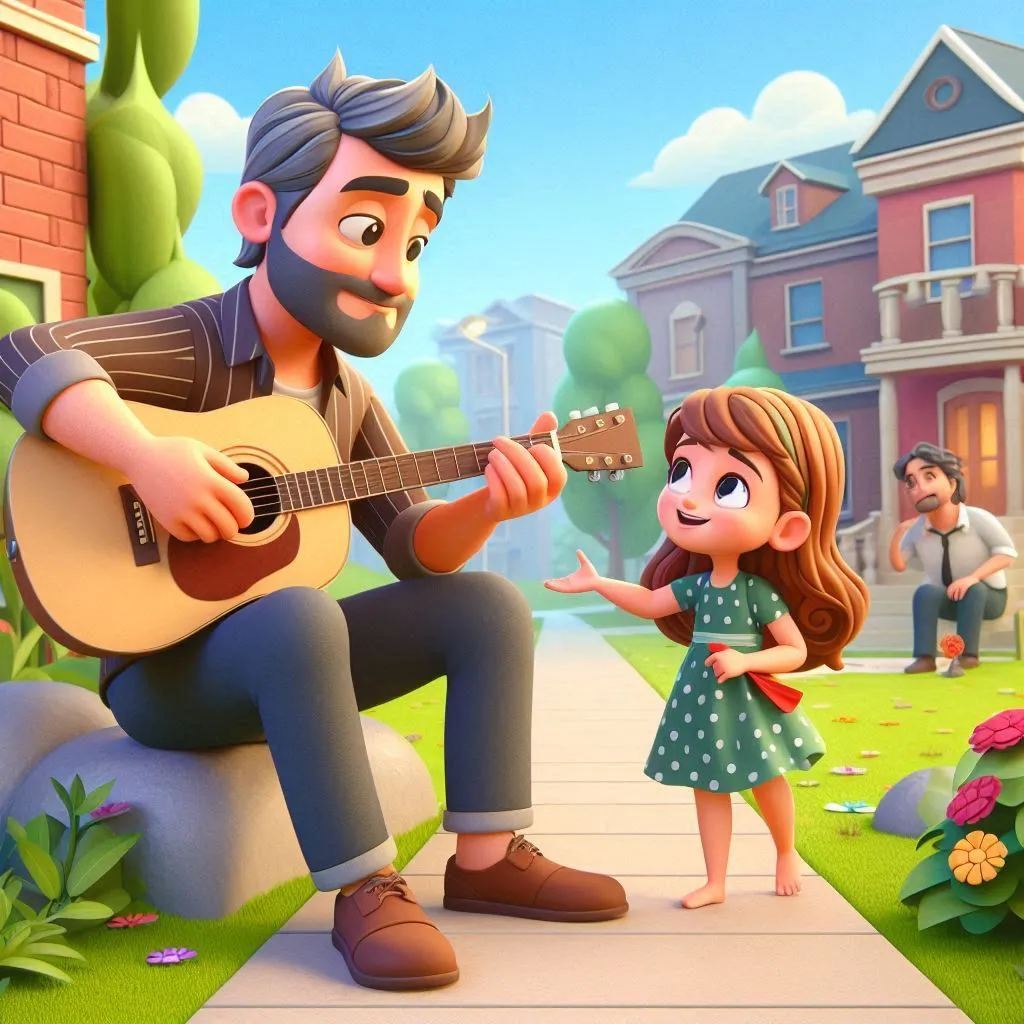 a man playing a guitar next to a little girl