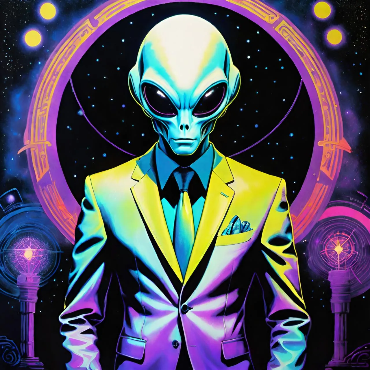 a painting of an alien in a suit