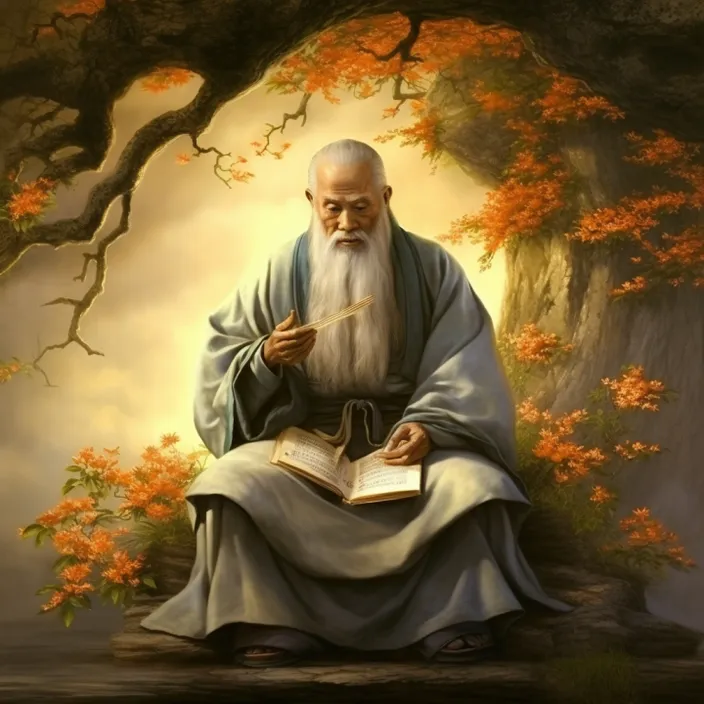 a painting of a bald man sitting in a tree reading a book