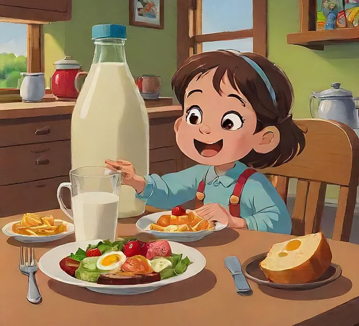 a young girl sitting at a table with a plate of food in front of her