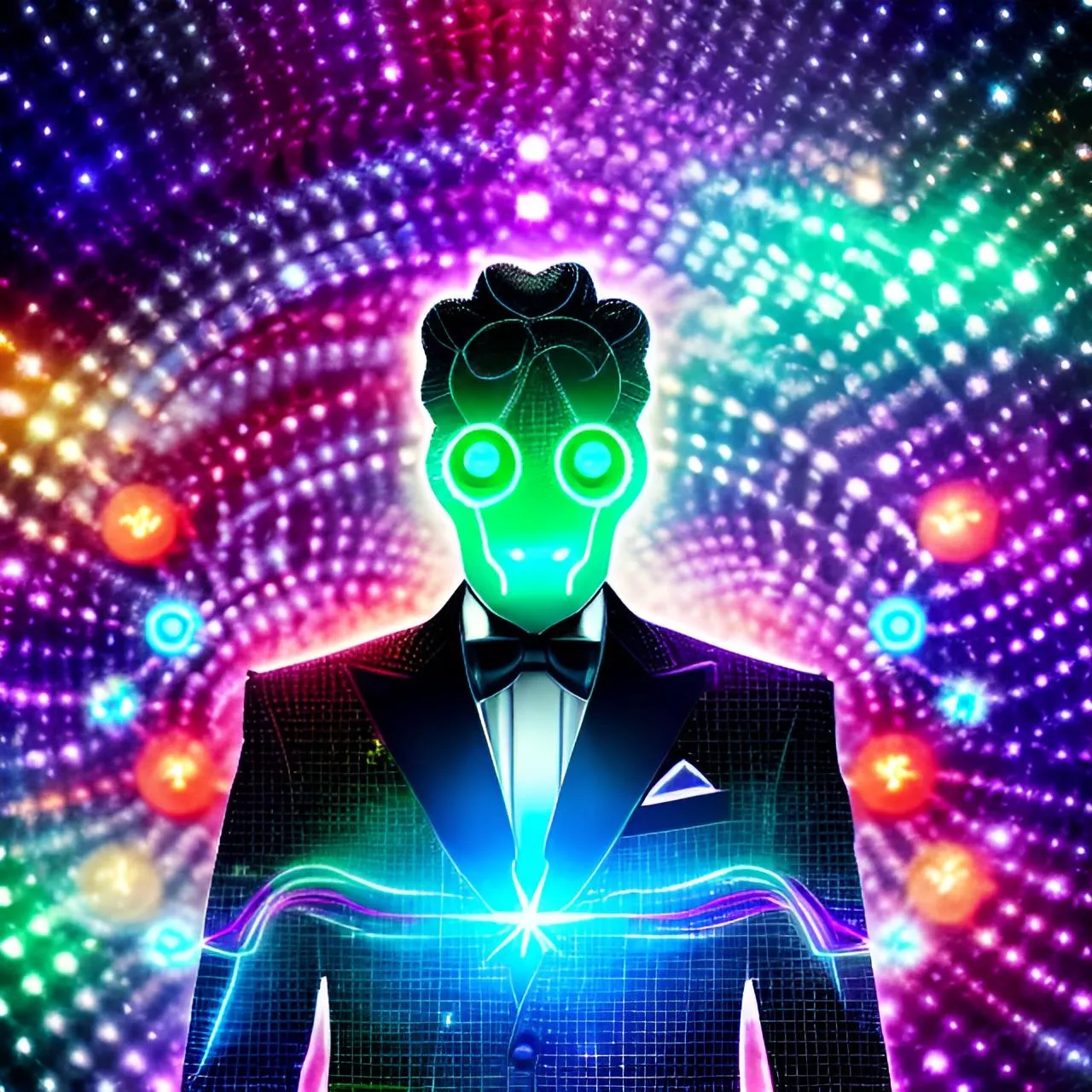 a man in a tuxedo with glowing lights in the background