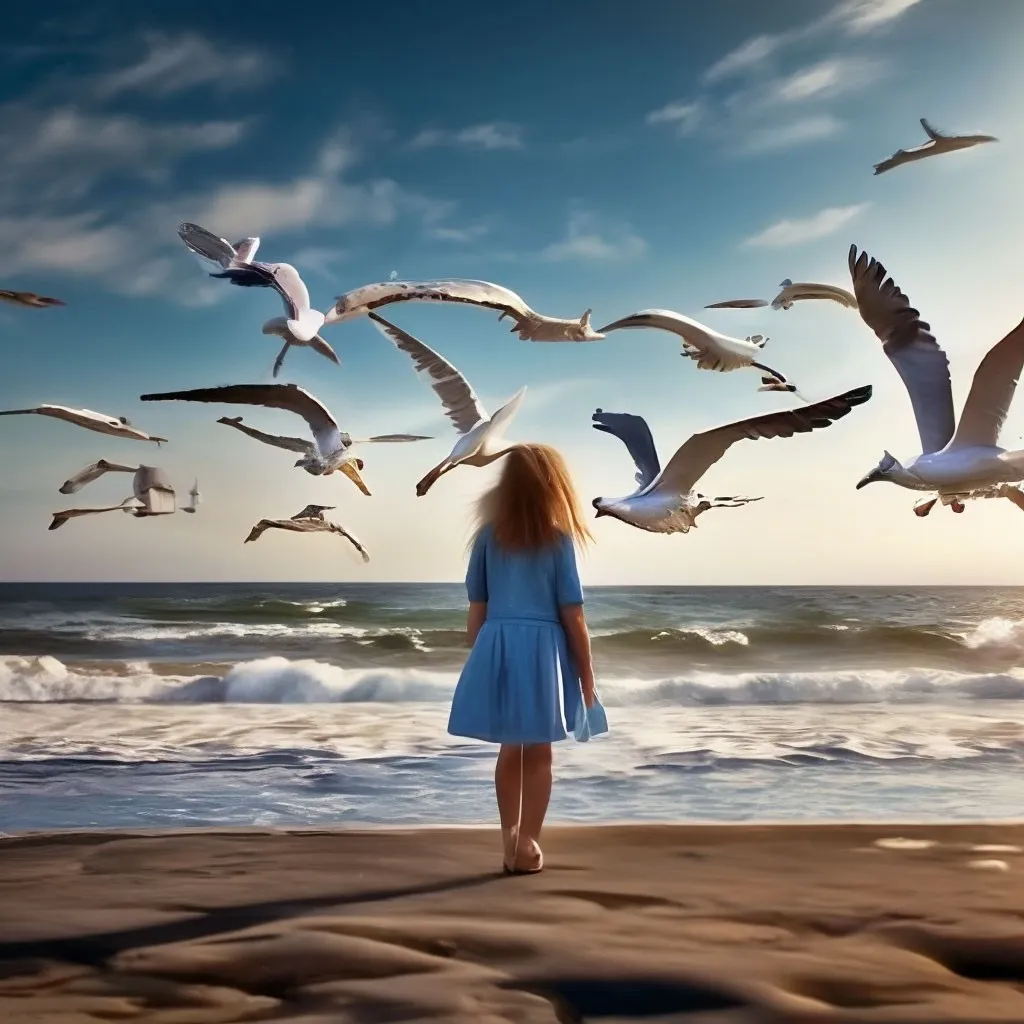 a woman in a blue dress looking at seagulls flying over the ocean