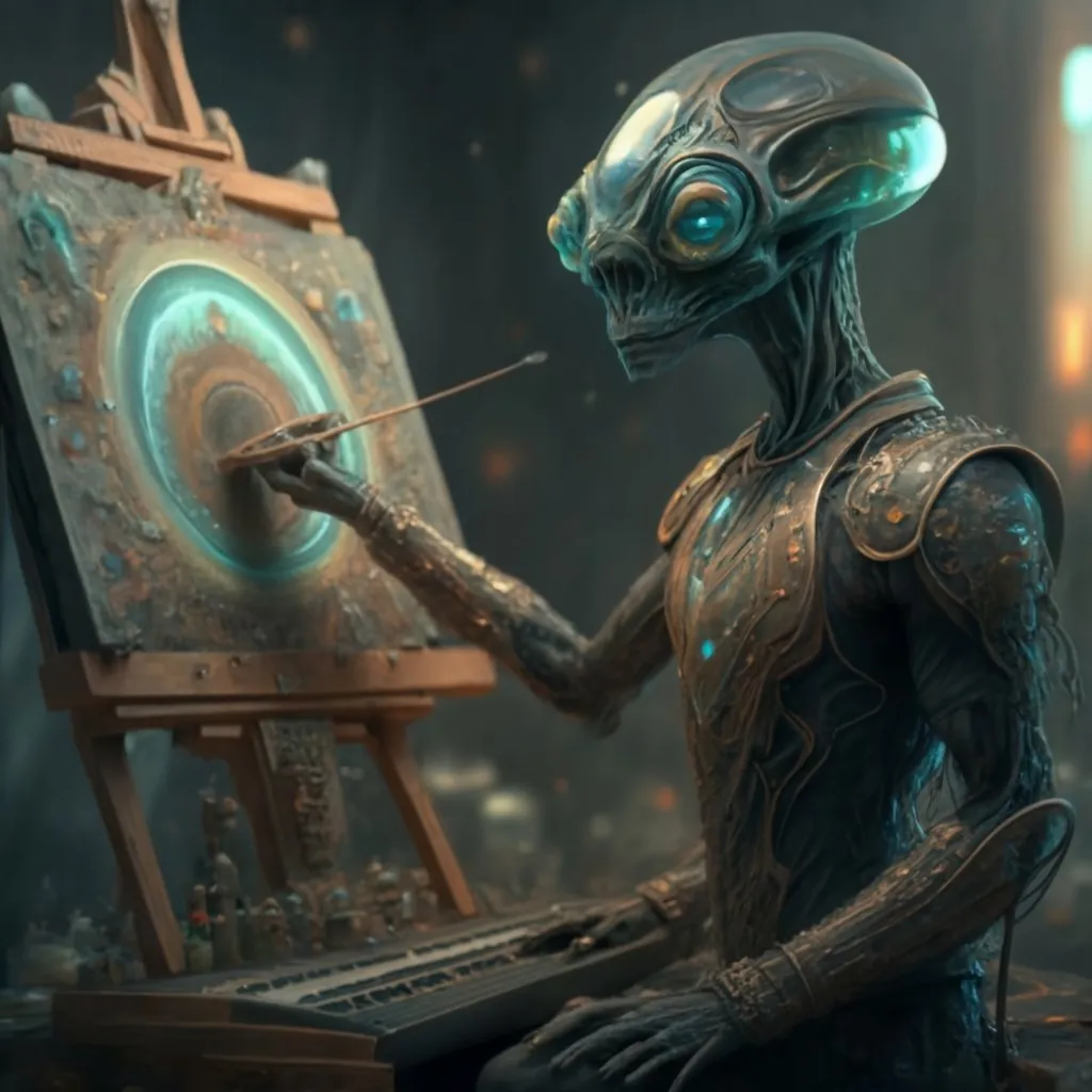 an alien painting a picture on a easel