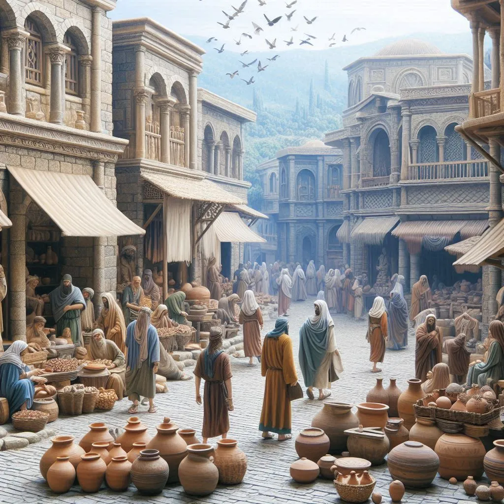 a group of people standing around pottery pots