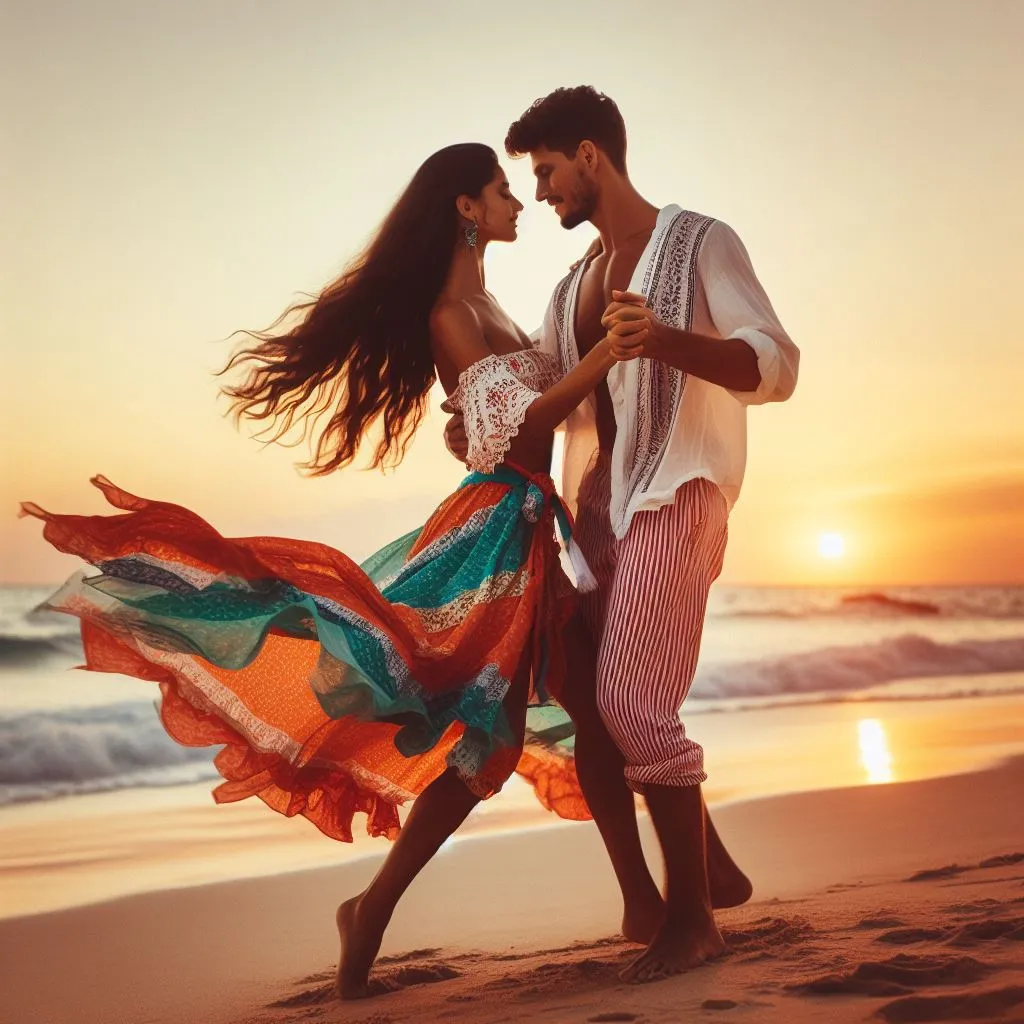 a man and woman dancing on the beach at sunset