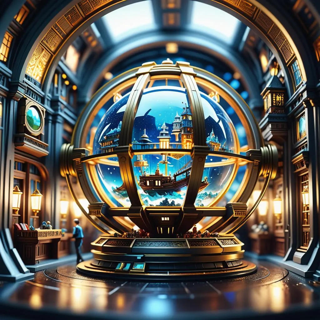 a futuristic looking room with a large globe in the center