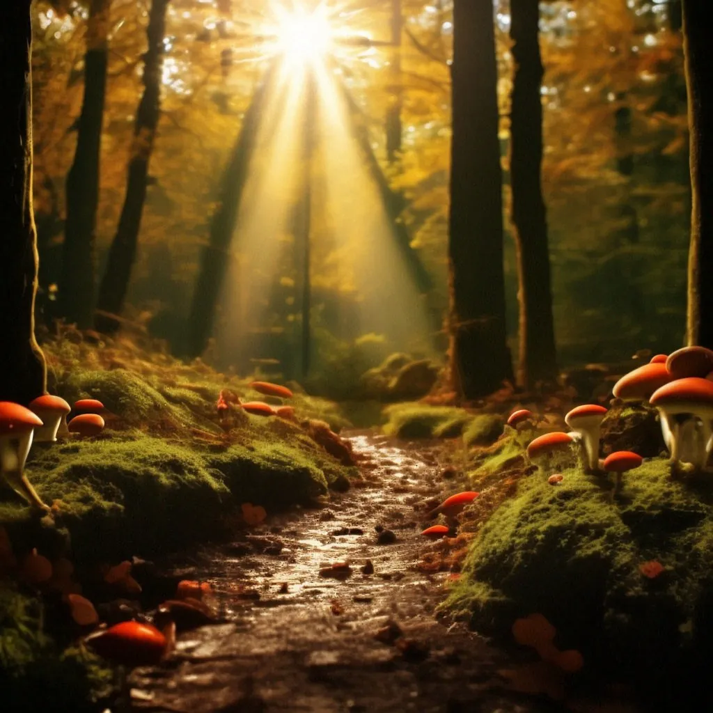 a path through a forest filled with lots of mushrooms