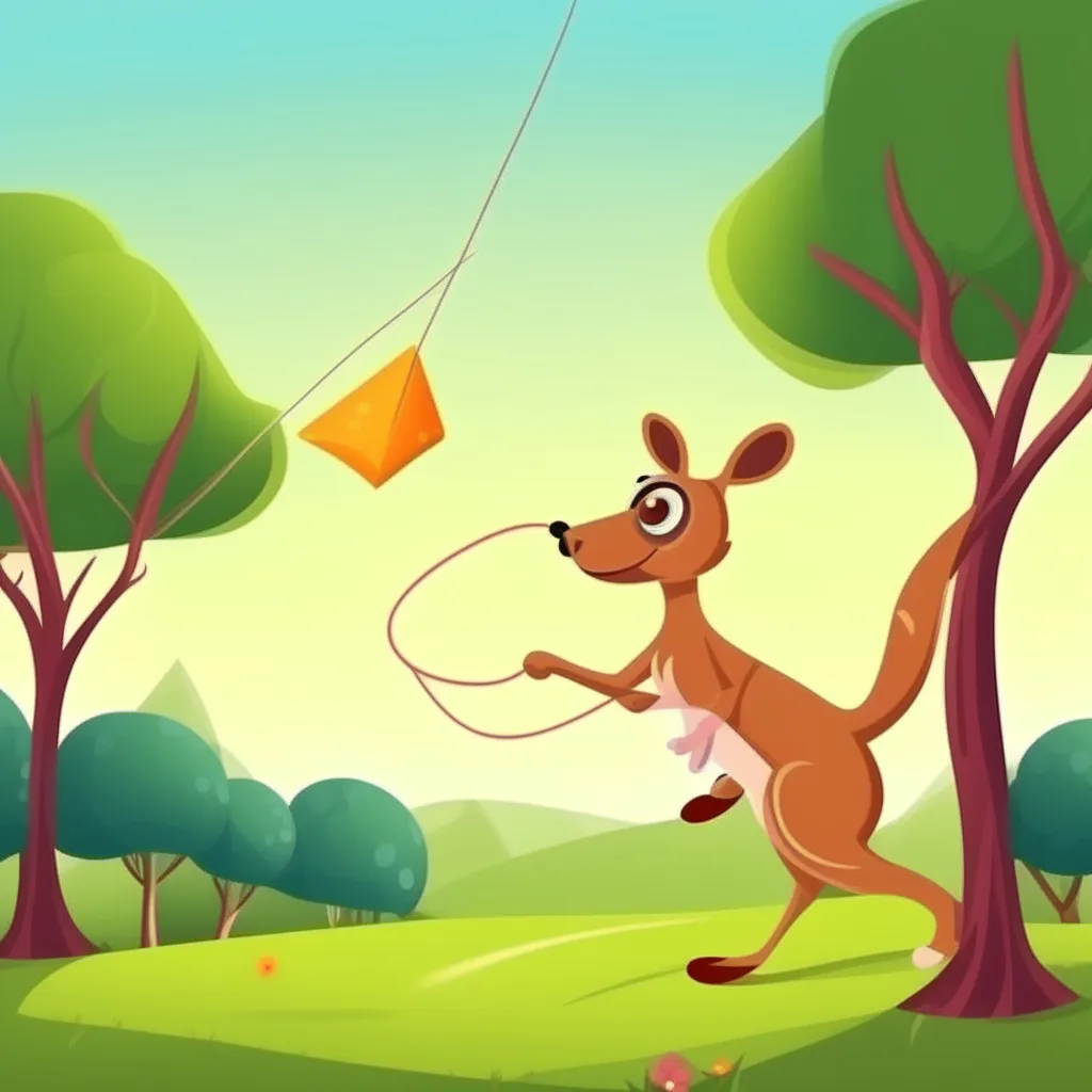 a cute animated kangaroo playing with a kite in the park