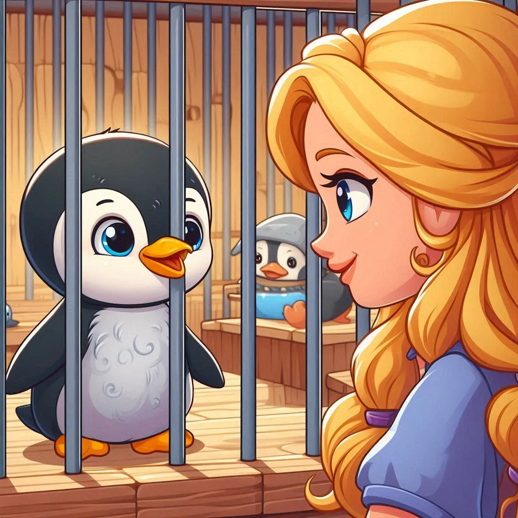 a girl looking at a penguin in a cage