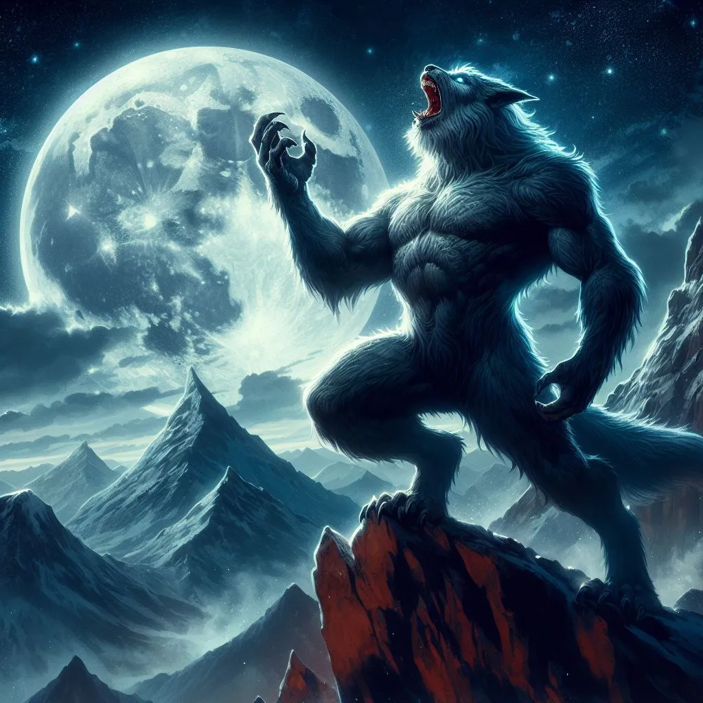 a big furry werewolf standing on top of a mountain