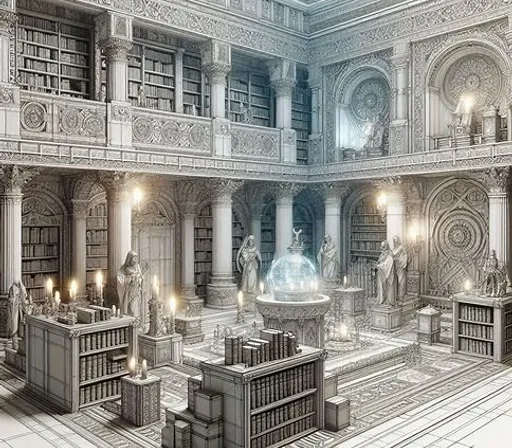 a drawing of a library filled with lots of books