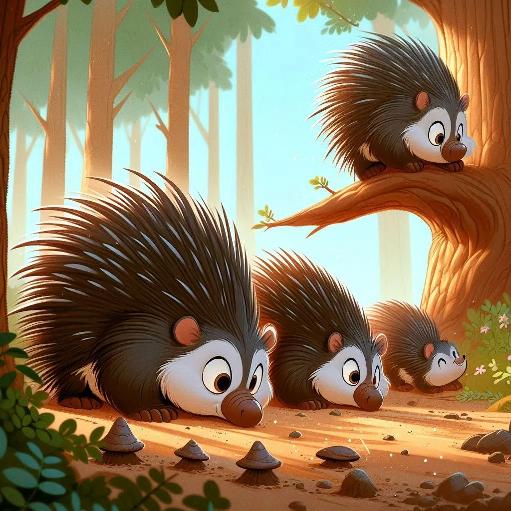 a group of hedgehogs walking through a forest