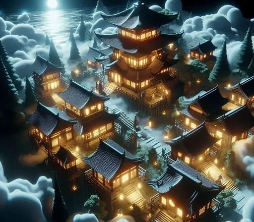 a night scene of a chinese village with a full moon in the sky