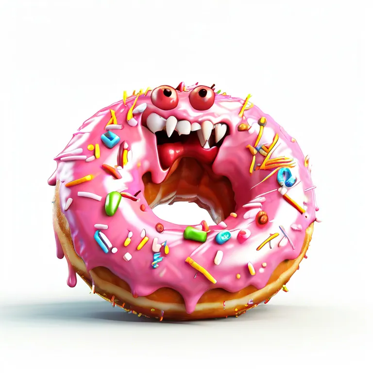 a pink donut with sprinkles and a monster's mouth