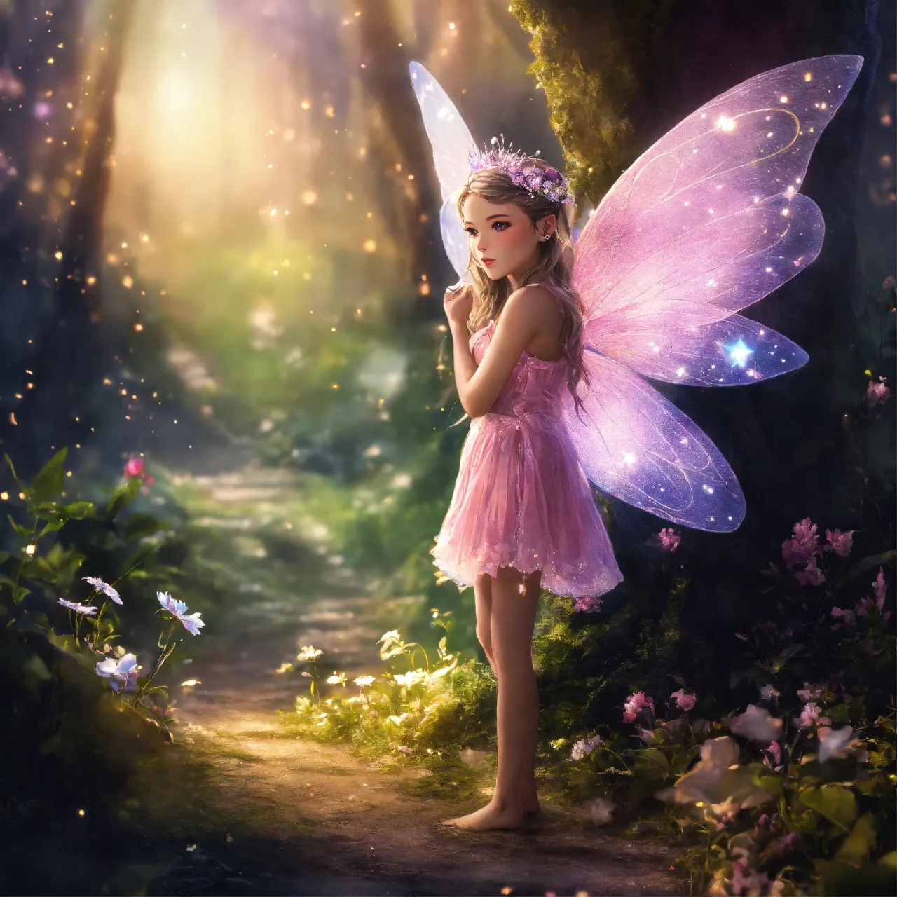 a little girl dressed as a fairy standing in a forest