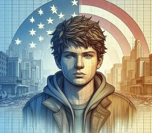 a man with a hoodie standing in front of an american flag