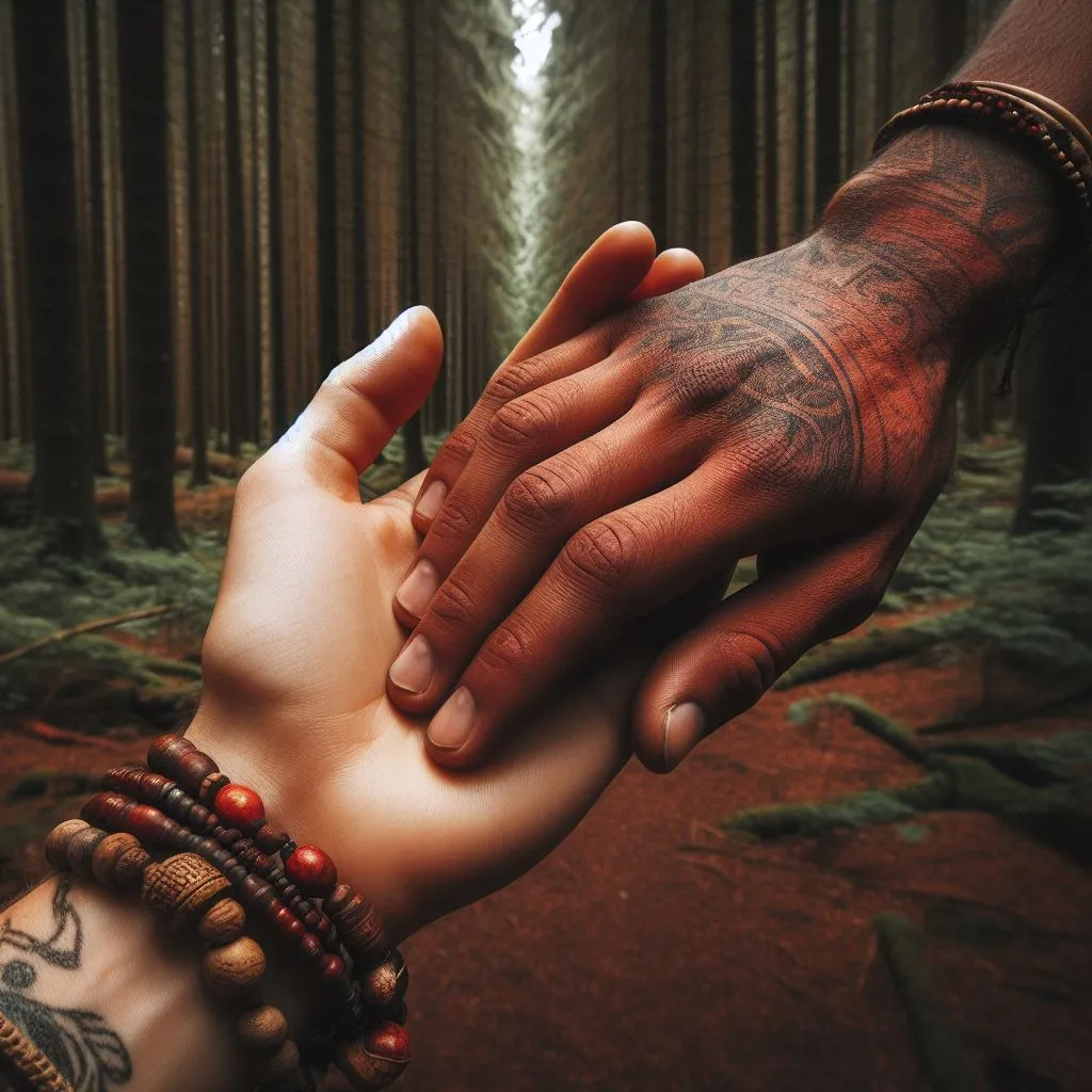 a couple of people holding hands in a forest