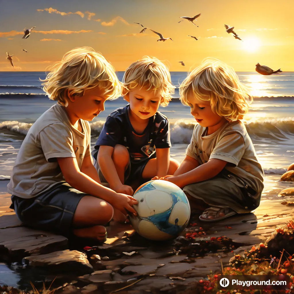 three children playing with a soccer ball on the beach