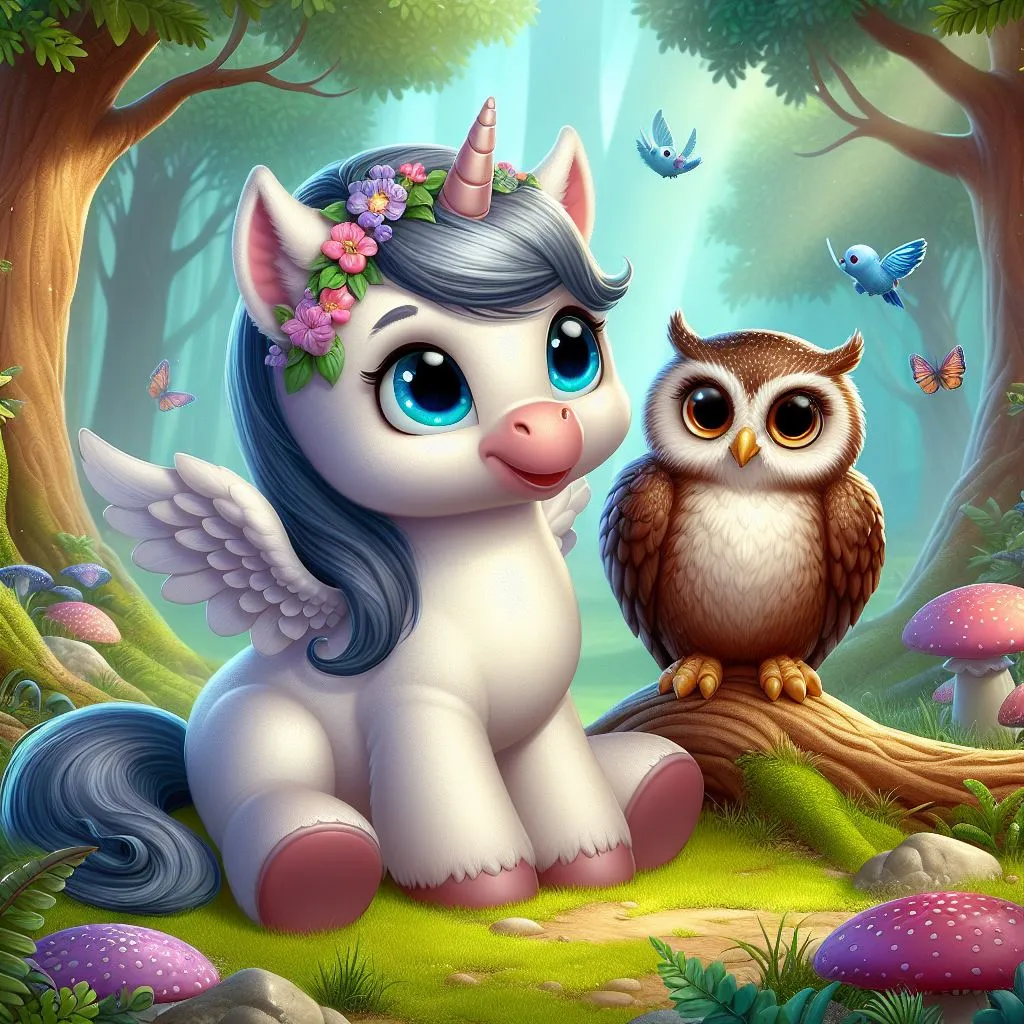 a unicorn and an owl sitting on a tree branch,Do not zoom, move your mouth, blink, step, move your wings, or move your neck.