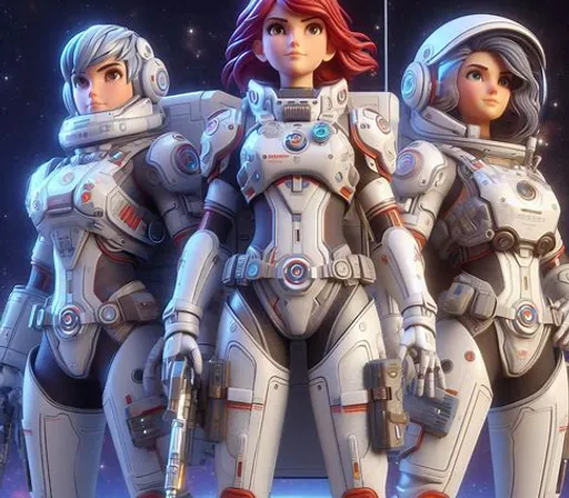 a group of women in space suits standing next to each other