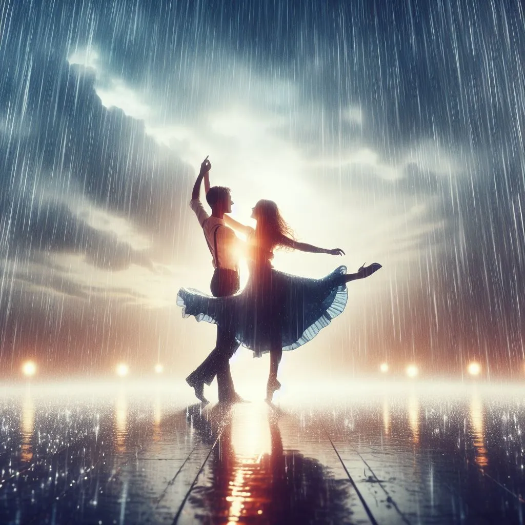 Dancing in the Rain: The couple twirls and dances passionately amidst a downpour, symbolizing their love's resilience