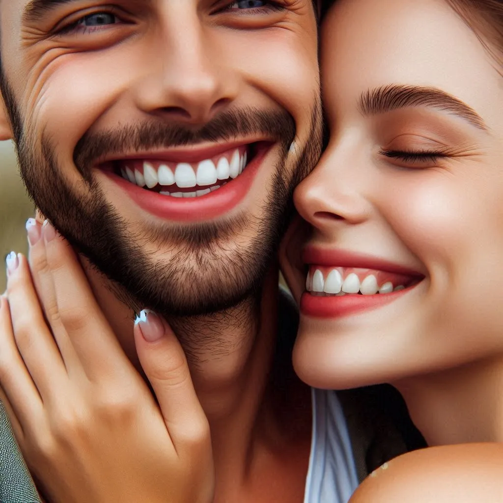 a close up of a smiling man and woman