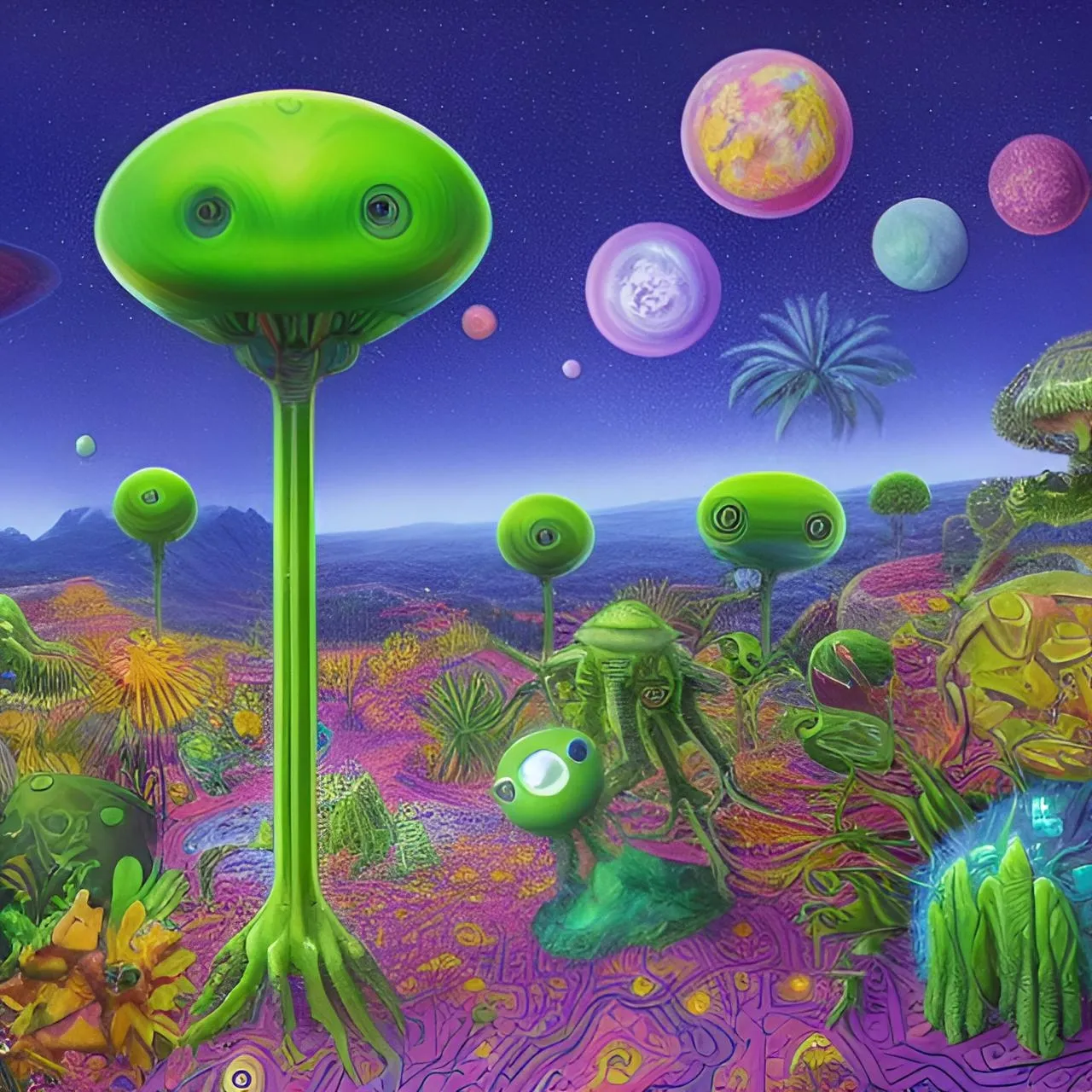 a painting of an alien land with plants and flowers