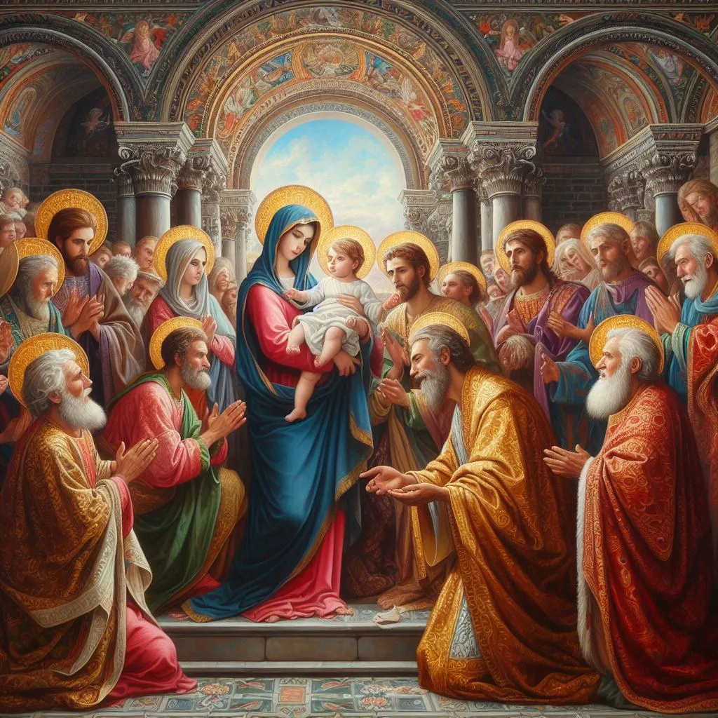 a painting of jesus surrounded by other people.