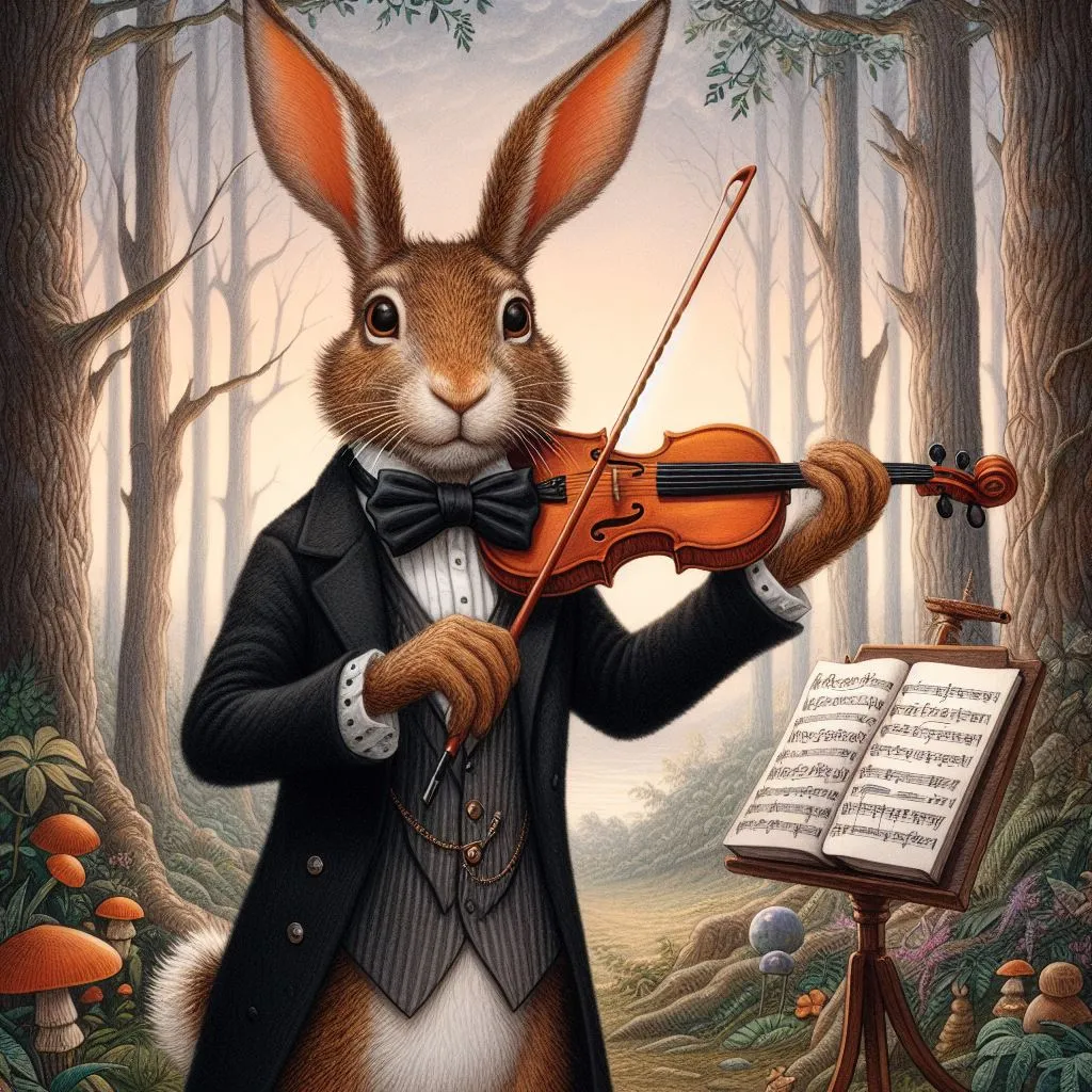 a painting of a rabbit playing the violin