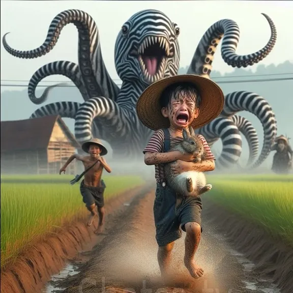 a boy with rabbit in the hand is running away from monster octopus