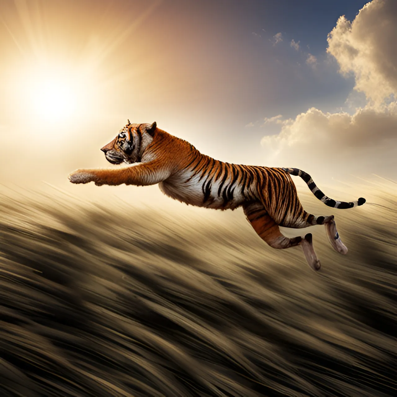 a tiger jumping in the air with the sun in the background