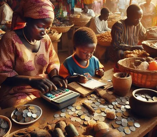 a woman and a child working on a calculator