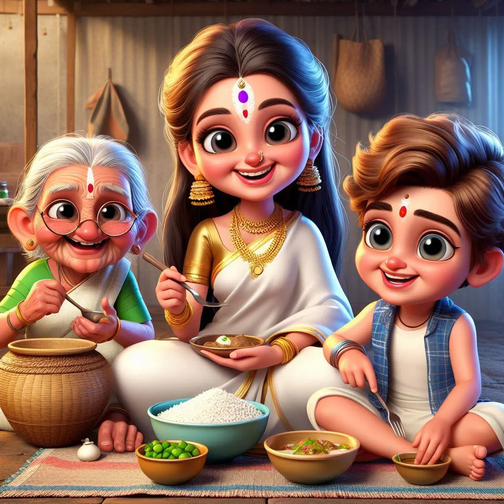 a painting of a family eating food together smiling 