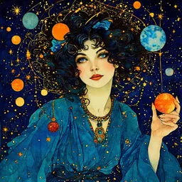 a painting of a woman holding an orange