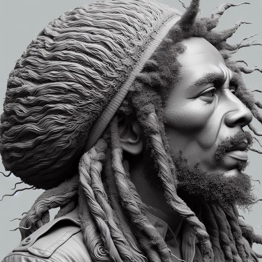 a black and white photo of a man with dreadlocks