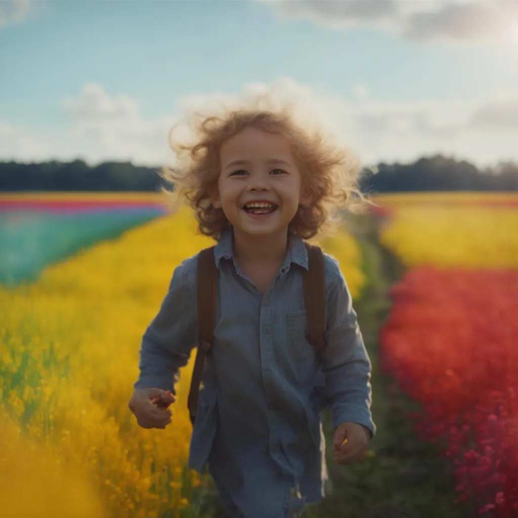 a little girl walking through a field of flowers