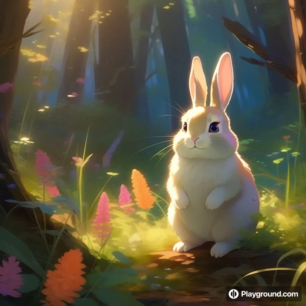 a white rabbit sitting in the middle of a forest