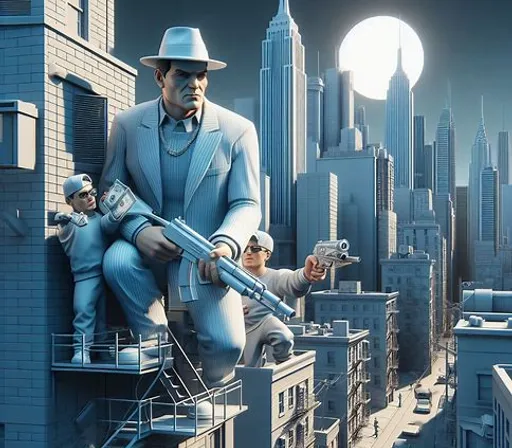 a man holding a gun while standing on top of a building