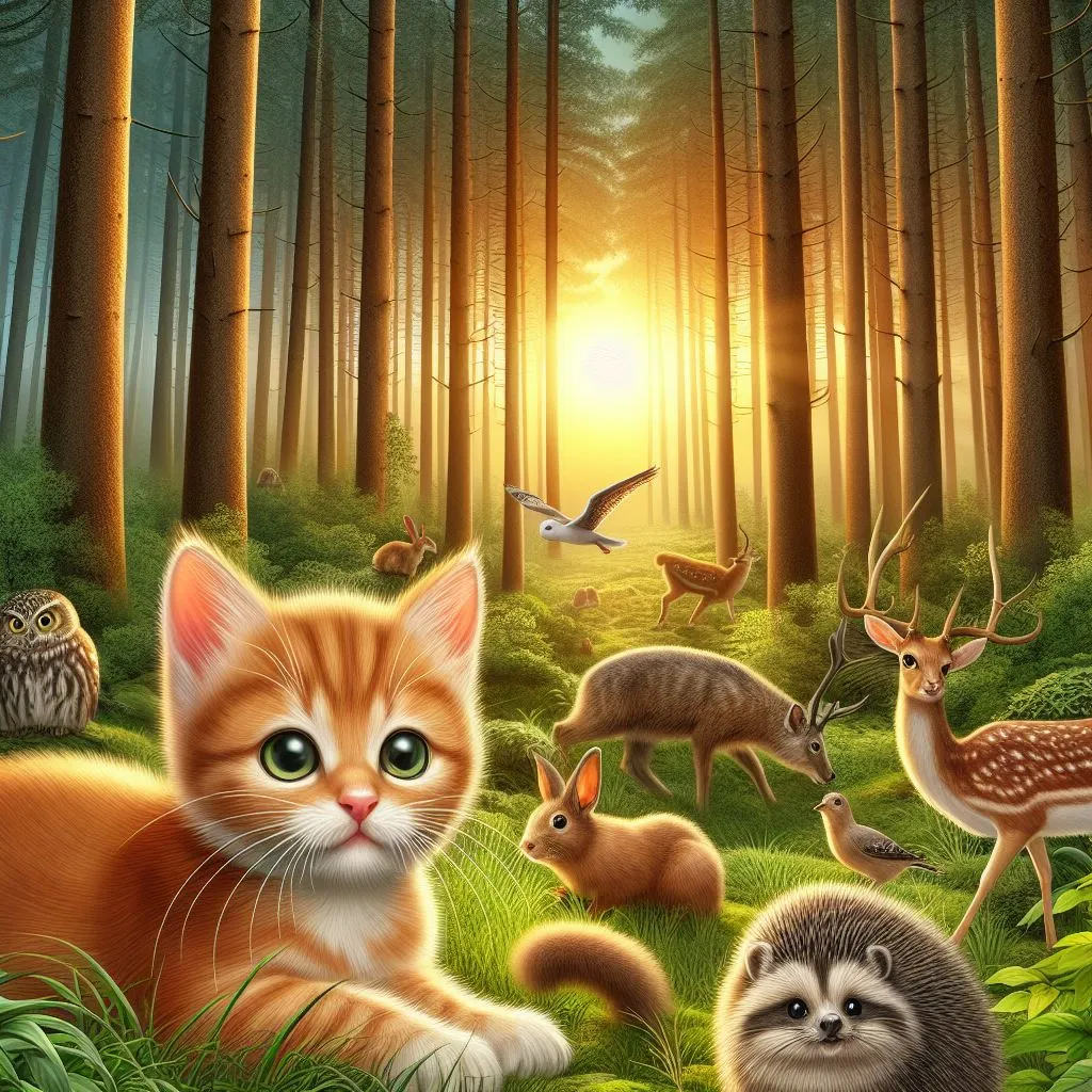 a painting of a cat and other animals in a forest