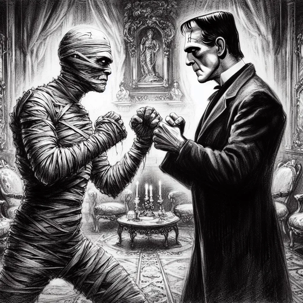 The mummy VS Frankenstein in charcoal 