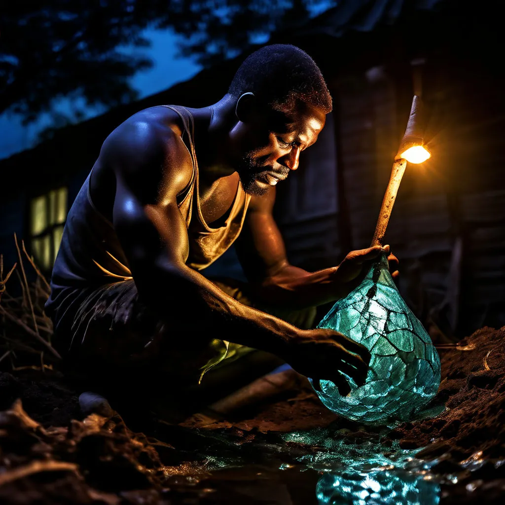 John digging in his backyard under the moonlight, his figure silhouetted against the dim glow of a street lamp.