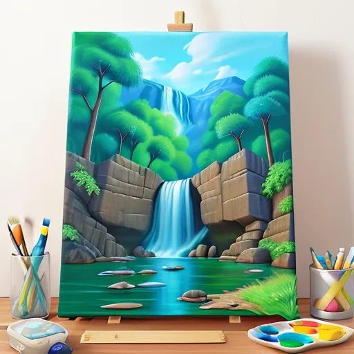 a painting of a waterfall in the middle of a forest