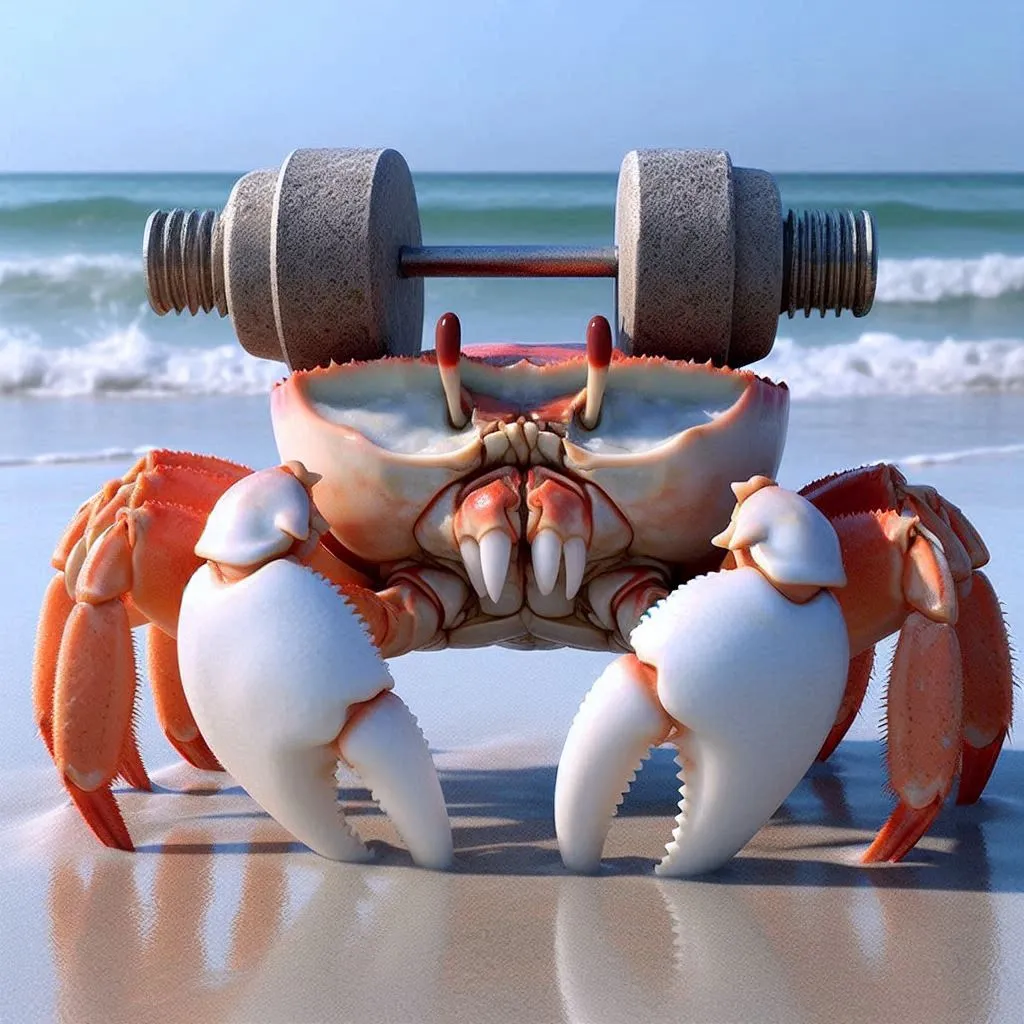 a crab with a barbell on its back on the beach