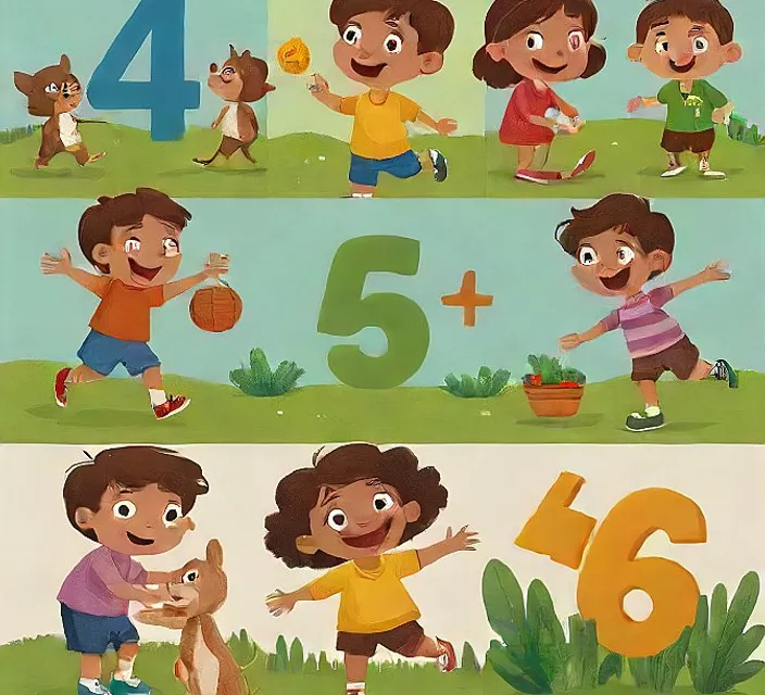 a series of cartoon children playing with numbers