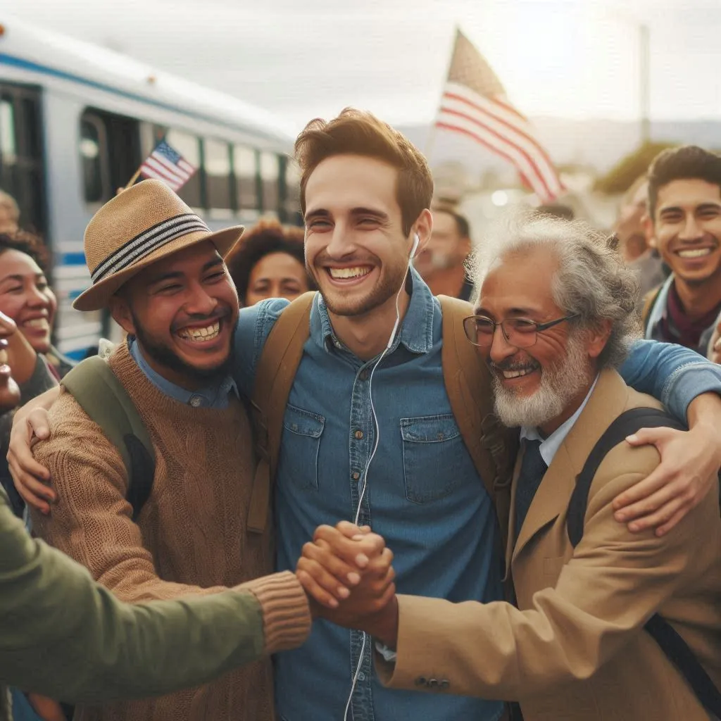 The man meets other people along the way, sharing smiles, hugs and gestures of solidarity that reinforce the message of unity and mutual support.