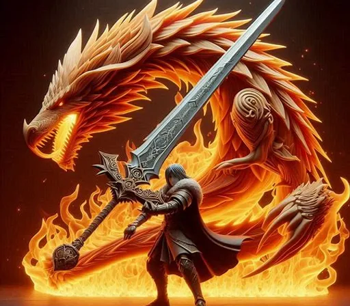 a man holding a sword in front of a fire dragon