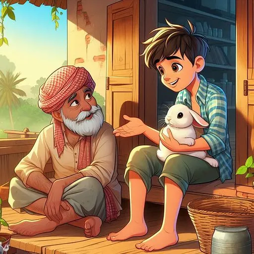 a boy holding a rabbit and man without beared sitting on a porch 