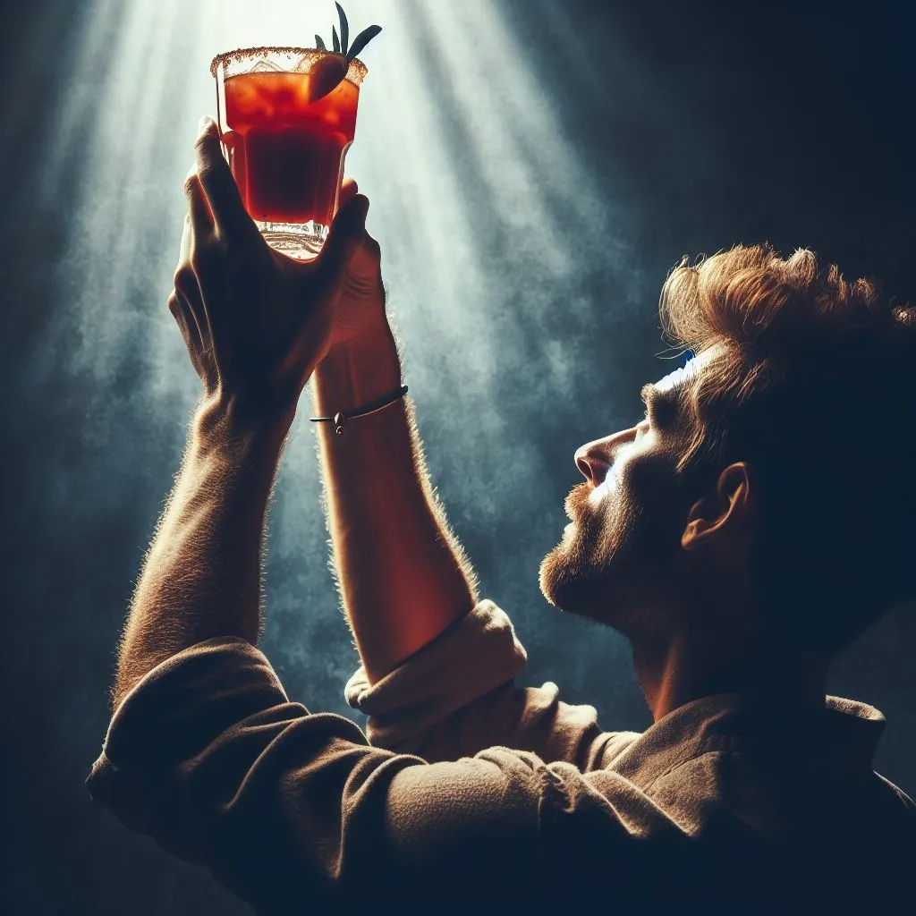 a man holding a glass with a drink in it